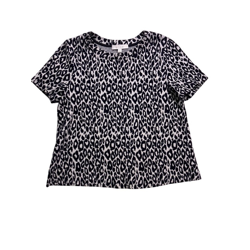 eri + ali Knit Top Women S Black White Leopard Print Short Sleeve Crew Neck